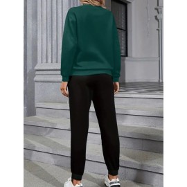 Women'S Casual Sports Fashion Bear Basketball Pattern Crew Neck Sweatshirt Set with Knit Fabric, 100% Polyester Material, Fall/Winter Season, Slight Stretch Fabric, Solid Color Pants - Athletic Loungewear Outfits