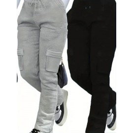 2pcs Women'S Casual Jogger Pants with Pockets - Soft Fleece-Lined, Elastic Waistband, Drawstring, Loose Fit, Solid Color (Black & Gray), Perfect for All Seasons, Comfortable Clothing | Relaxed Fit Pants | Soft Fleece Lining, Jogging Pants