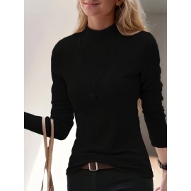 Plus Size - Plus Size - Women'S Plus Size Casual High Neck Long Sleeve Top Set - 3pcs, Solid Color, Medium Stretch, Vacation Style, Fall/Winter Collection, Casual Attire|Vacation Style|Stretchy Fabric