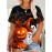[Women's Halloween T-Shirt] Plus Size - Women's 3D Print Halloween T-Shirt - Spooky Witch & Pumpkin Design, Breathable Short Sleeve Crew Neck, Machine Washable, Soft Fabric, Perfect for Fall & Halloween Celebrations, Halloween Shirts