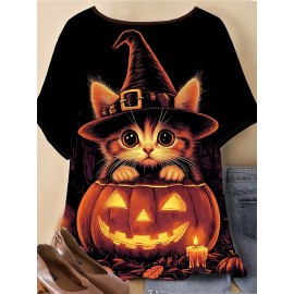 [Halloween] Plus Size, Women's 3D Halloween Cat & Jack-O'-Lantern Print T-Shirt - Cute Kitten in Witch Hat & Pumpkin Design, Soft Round Neck Short Sleeve Top, Machine Washable All-Season Comfort for Fall Parties & Casual Attire (Black)