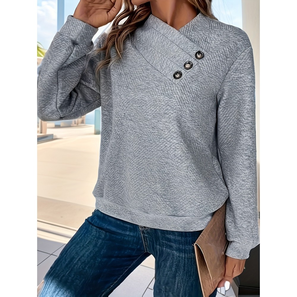 Plus Size, Autumn and Winter New Large Size Women's Button-Decorated Pullover Solid Color Casual Comfortable Long Sleeve Textured Design Sweatshirt