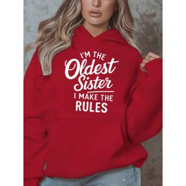 Women'S Plus Size Casual Hoodie with Pockets, Oversized Alphabet Print Long-Sleeve Pullover, 100% Polyester Knit Fabric, Slight Stretch, Fall/Winter Fashion Top