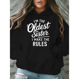 Women'S Plus Size Casual Hoodie with Pockets, Oversized Alphabet Print Long-Sleeve Pullover, 100% Polyester Knit Fabric, Slight Stretch, Fall/Winter Fashion Top