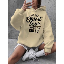Women'S Plus Size Casual Hoodie with Pockets, Oversized Alphabet Print Long-Sleeve Pullover, 100% Polyester Knit Fabric, Slight Stretch, Fall/Winter Fashion Top