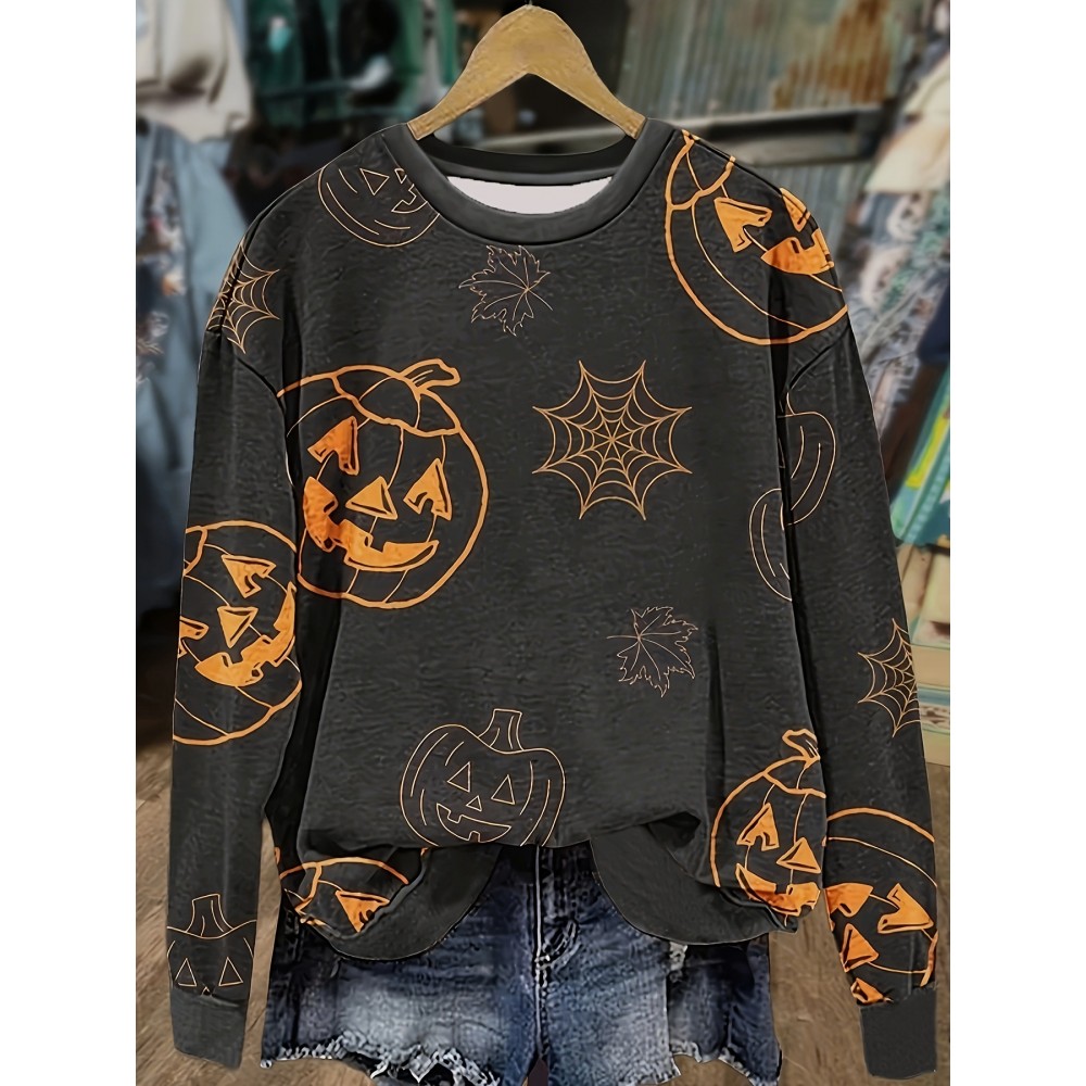 Plus Size, Women's Plus Size Halloween Sweatshirt - Black & Orange Jack-O'-Lantern Pumpkin Spiderweb Graphic Pullover - Cozy Fall Party Outfit - Machine Washable Casual Halloween Top for Women