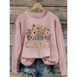 [Polyester Floral Grandma Sweatshirt] Polyester 100% Floral Grandma Graphic Pullover Sweatshirt - Plus Size, Crew Neck, Slight Stretch, Casual Sportswear for Fall/Winter - 260g/m²