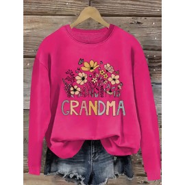 [Polyester Floral Grandma Sweatshirt] Polyester 100% Floral Grandma Graphic Pullover Sweatshirt - Plus Size, Crew Neck, Slight Stretch, Casual Sportswear for Fall/Winter - 260g/m²