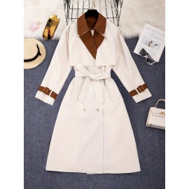 Elegant Beige & Black Color Block Trench Coat with Lapel Collar - Long Sleeve, Mid-Length, Button-Up Outerwear for Women, Perfect for Fall 2025, Stylish Commuter Wear | Chic Lapel Collar | Structured Design