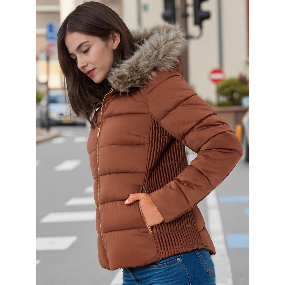 Women's Lightweight Quilted Hooded Jacket with Detachable Faux Fur Hood, Golden Metal Zipper & Side Gathers - Machine Washable Regular Fit Coat for Fall & Winter, Casual Outerwear
