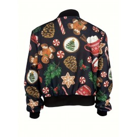 [Christmas Women's Jacket] Christmas Women's Polyester Zip-Up Jacket | Long Sleeve Round Neck Casual Coat, Festive Holiday Motifs, Relaxed Fit, Nonstretch Fabric, Durable Material, Hand Wash Only