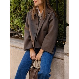 Women'S Vintage Loose Fit Jacket - Brown Coat with Single-Breasted Front, Structured Shoulders for Fall/Spring Transitional Weather - Everyday & Formal Outfits - HW915, Casual Outerwear, Classic Collar, Tailored Design, Stylish Outerwear, Office Wear