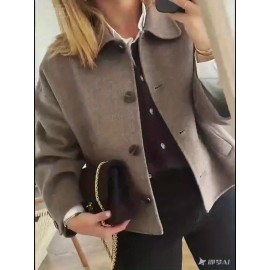 Women'S Vintage Loose Fit Jacket - Brown Coat with Single-Breasted Front, Structured Shoulders for Fall/Spring Transitional Weather - Everyday & Formal Outfits - HW915, Casual Outerwear, Classic Collar, Tailored Design, Stylish Outerwear, Office Wear