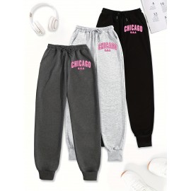 3-Pack Women'S Chicago Letter Print Sweatpants, Elastic Waist Casual Joggers, Polyester Knit, Loose Fit, Pockets, All-Season Sportswear, Adult Sizes