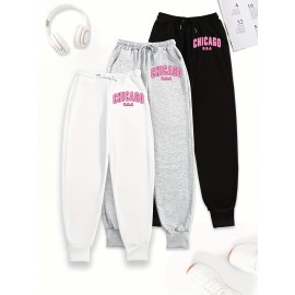 3-Pack Women'S Chicago Letter Print Sweatpants, Elastic Waist Casual Joggers, Polyester Knit, Loose Fit, Pockets, All-Season Sportswear, Adult Sizes