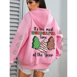 Winter Warmth | Women's Plus Size Christmas Tree Print Hoodie - Cozy Long Sleeve Pullover with Pockets, Festive 