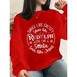 Plus Size Christmas Santa Print Sweatshirt, Casual Long Sleeve Crew Neck Pullover Sweatshirt, Women's Plus Size Clothing
